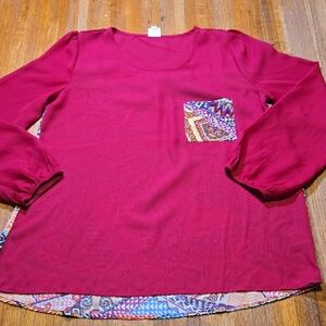 Pink Owl Women Large Fuchsia Colorful Geometric Hi-Lo 3/4 Sleeve Sheer‎ Blouse